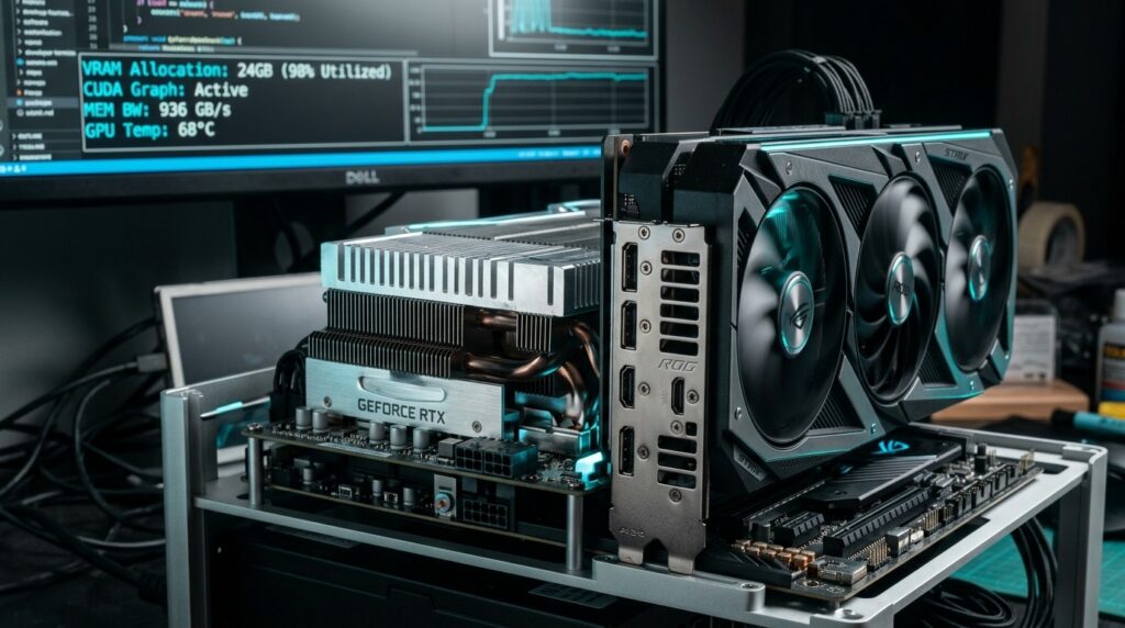 Open-air GPU test bench running local LLM inference benchmarks with 24GB VRAM telemetry
