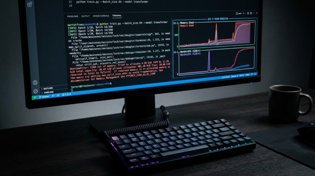 Developer terminal workstation debugging Ollama CUDA out of memory error with GPU VRAM telemetry