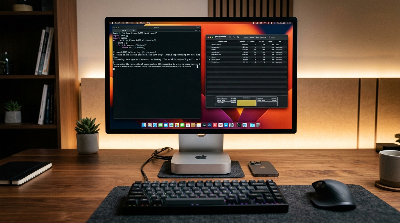 Apple Mac mini desktop developer workstation running local LLM inference telemetry