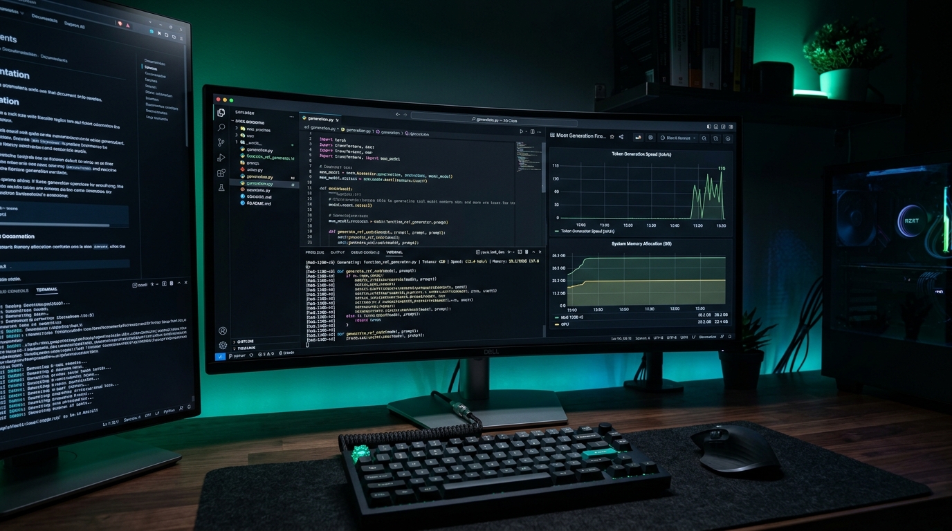 Developer workstation running local Qwen3-Coder-30B-A3B inference with GPU memory telemetry