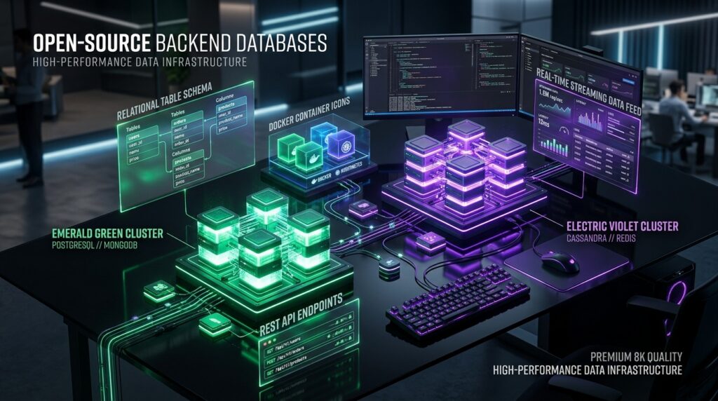 Appwrite vs Supabase 2026 Comparison showing open source backend databases, relational table schemas, and real-time streaming data