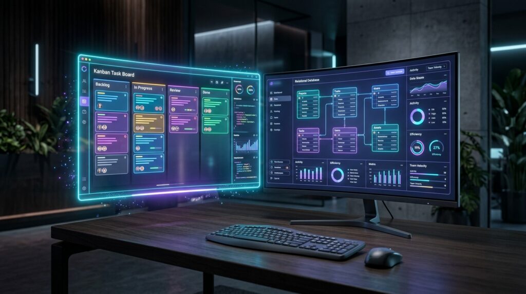 ClickUp vs Notion 2026 Comparison showing Kanban board and Relational Database dashboards