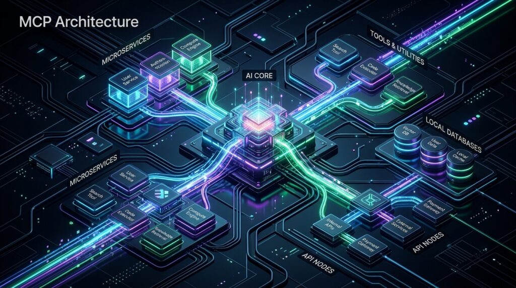 Model Context Protocol MCP Production Architecture Diagram showing AI Core, Tools, Microservices and Databases