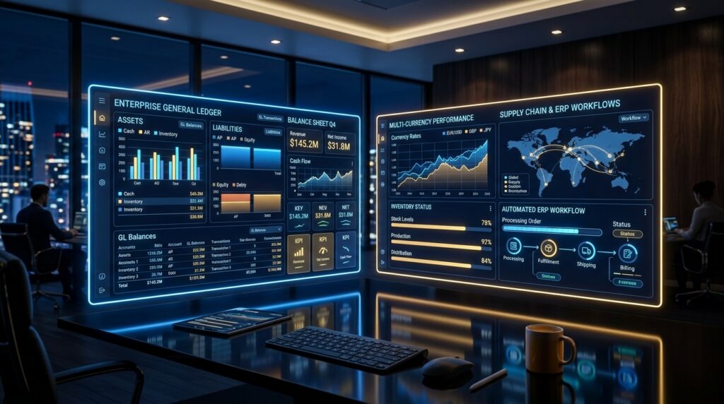 NetSuite vs Odoo 2026 Comparison showing Enterprise General Ledger, Balance Sheet, Multi-Currency performance, and ERP workflows
